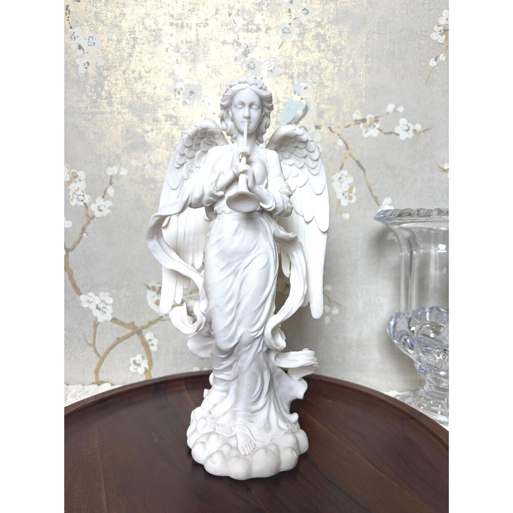Vintage White Alabaster Angel Statue Playing Trumpet Horn Heavenly Figurine